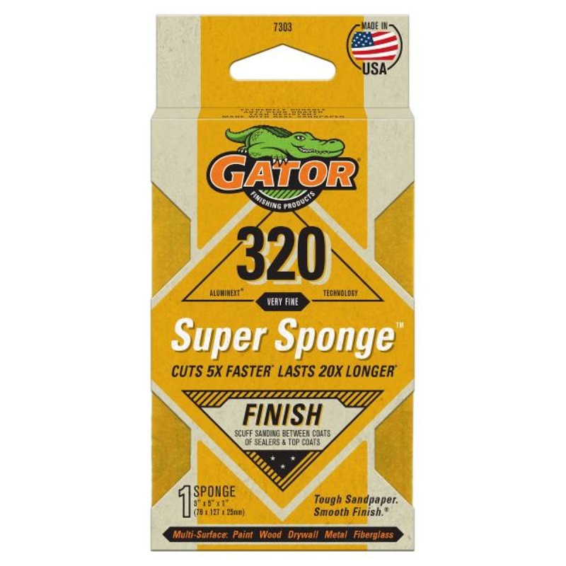Gator 7303 Sanding Sponge, Yellow, 5 in L, 3 in W, 320 Grit, Aluminum Oxide Abrasive