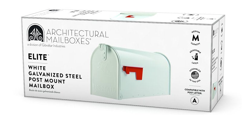 Gibraltar Mailboxes Elite Series E1100W00 Mailbox, 800 cu-in, Steel, Powder-Coated, 6.9 in W, 20.1 in D, 8.9 in H, White