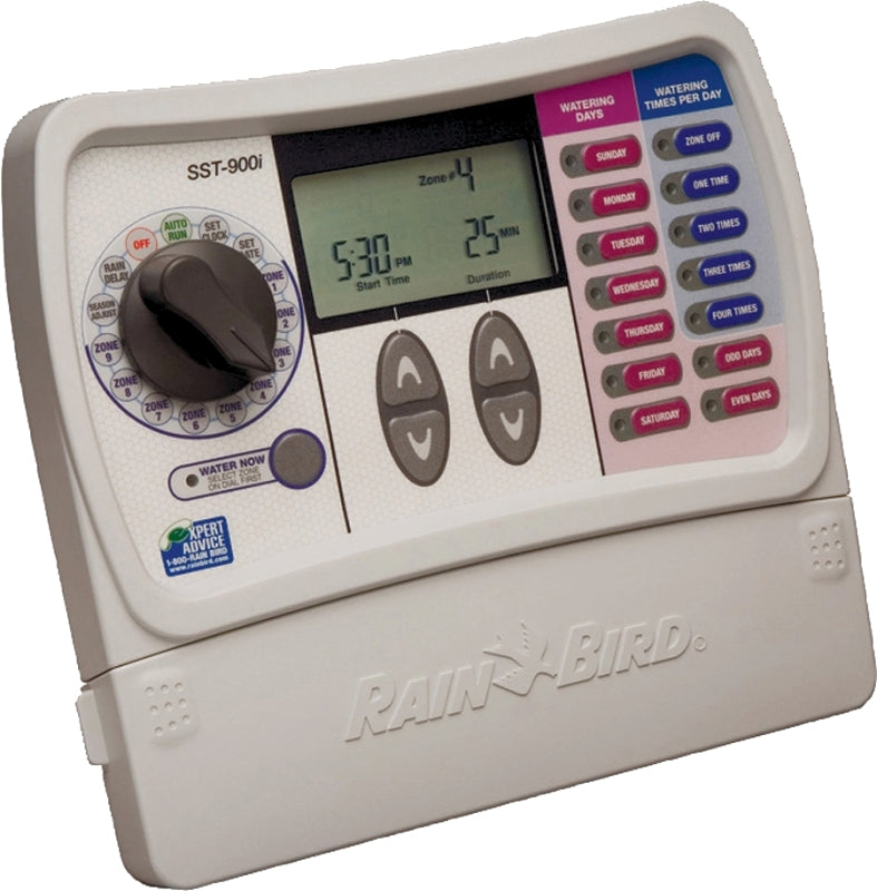 Rain Bird SST900IN Irrigation Timer, 120 V, 9-Zone, 1-Program, Digital Display, Wall, White