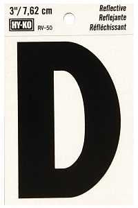 Hy-Ko RV-50/D Reflective Letter, 2-1/2 in W x 4 in H Dimensions, Character: D, 3 in H Character, Black Character, Vinyl, Pack of 10