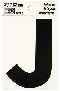 Hy-Ko RV-50/J Reflective Letter, 2-1/2 in W x 4 in H Dimensions, Character: J, 3 in H Character, Black Character, Vinyl, Pack of 10