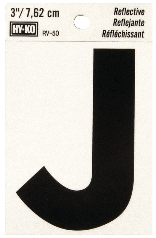 Hy-Ko RV-50/J Reflective Letter, 2-1/2 in W x 4 in H Dimensions, Character: J, 3 in H Character, Black Character, Vinyl, Pack of 10
