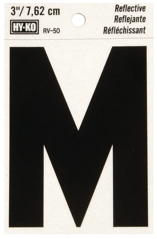 Hy-Ko RV-50 Series RV-50/M Self-Adhesive Reflective Letter, Character: M, 3 in H Character, Black Character, Vinyl, Pack of 10