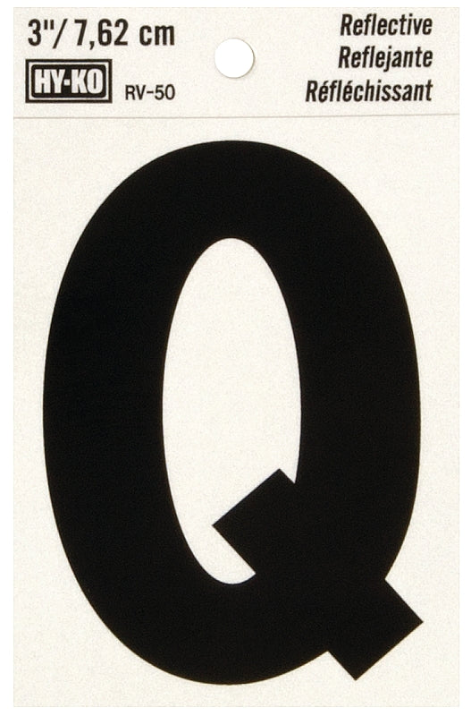Hy-Ko RV-50/Q Reflective Letter, 2-1/2 in W x 4 in H Dimensions, Character: Q, 3 in H Character, Black Character, Vinyl, Pack of 10