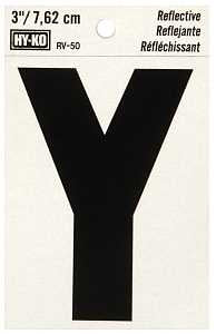 Hy-Ko RV-50/Y Reflective Letter, 2-1/2 in W x 4 in H Dimensions, Character: Y, 3 in H Character, Black Character, Vinyl, Pack of 10