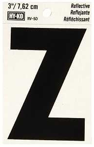 Hy-Ko RV-50/Z Reflective Letter, 2-1/2 in W x 4 in H Dimensions, Character: Z, 3 in H Character, Black Character, Vinyl, Pack of 10