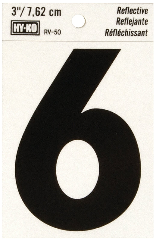 Hy-Ko RV-50 Series RV-50/6 Self-Adhesive Reflective Number, Character: 6, 3 in H Character, Black Character, Vinyl, Pack of 10
