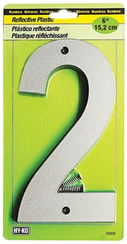 Hy-Ko 30800 Series 30802 Reflective House Number, Character: 2, 6 in H Character, Black/Silver Character, Plastic, Pack of 5