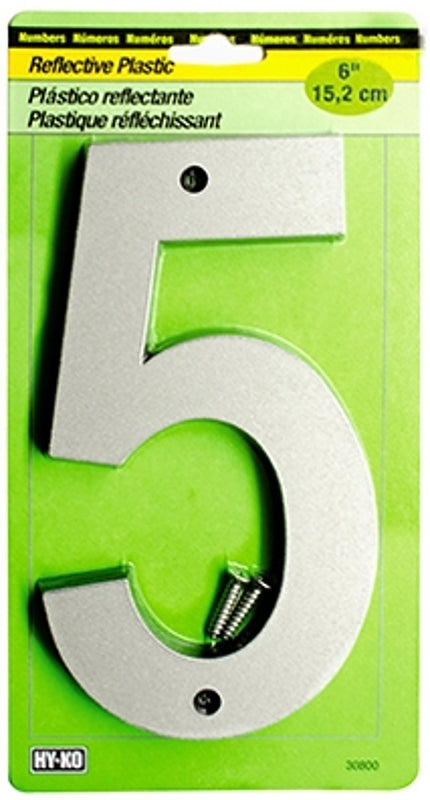 Hy-Ko 30800 Series 30805 Reflective House Number, Character: 5, 6 in H Character, Black/Silver Character, Plastic, Pack of 5