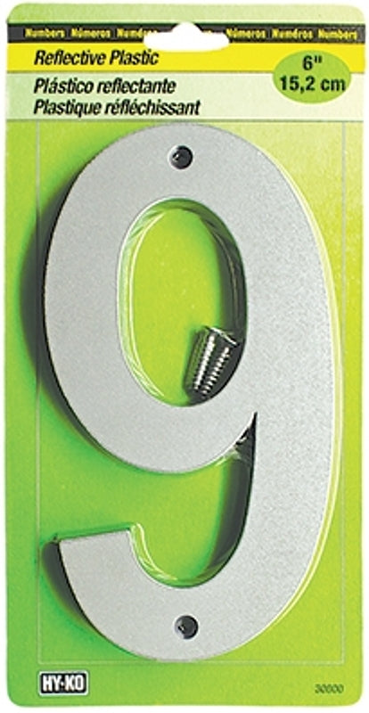Hy-Ko 30800 Series 30809 Reflective House Number, Character: 9, 6 in H Character, Black/Silver Character, Plastic, Pack of 5