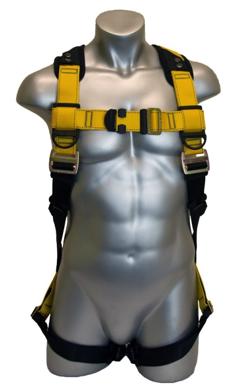 Guardian Fall Protection 37101 Full Body Harness, M/L, 130 to 420 lb, Black/Yellow, Spring Loaded Adjuster Torso Buckle