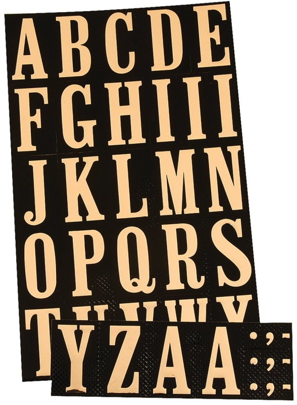 Hy-Ko MM-3L Self-Adhesive Packaged Letter Set, 1-3/4 in H Character, Gold Character, Black Background, Mylar