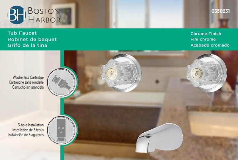 Boston Harbor GU-TQOB015CP Tub Faucet, 2-Faucet Handle, Round Handle, Metal/Plastic, Wall Mounting, Plastic Tub Spout