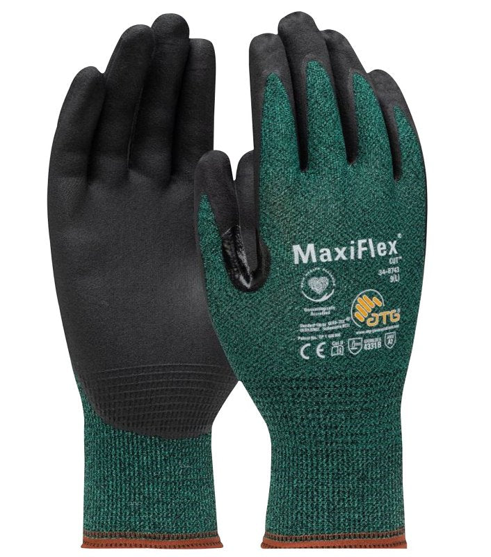 Boss MaxiFlex Cut 34-8743T/L Seamless Knit Coated Gloves, L, Reinforced Thumb, Knit Wrist Cuff, Nitrile Coating, Green