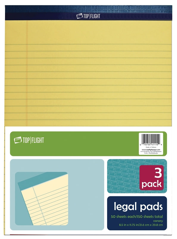 Top Flight N 11 Series 4513094 Legal Pad, 11-3/4 x 8-1/2 in Sheet, 50-Sheet, Canary Yellow Sheet, Pack of 12