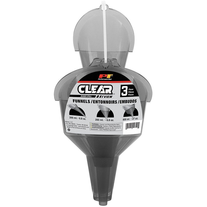 Performance Tool Clear View Series W4093 Funnel Set, 0.5 pt, 1 qt Capacity, Polypropylene, Clear, Pack of 6