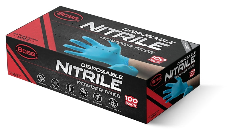 Boss B21041-L Disposable Gloves, 100 CT, L, Nitrile, Powder-Free, Blue