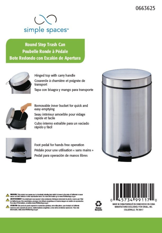 Simple Spaces LYP07F3-3L Trash Can, 1.85 gal Capacity, Plastic/Stainless Steel/Steel, Silver, Flat Lid Closure