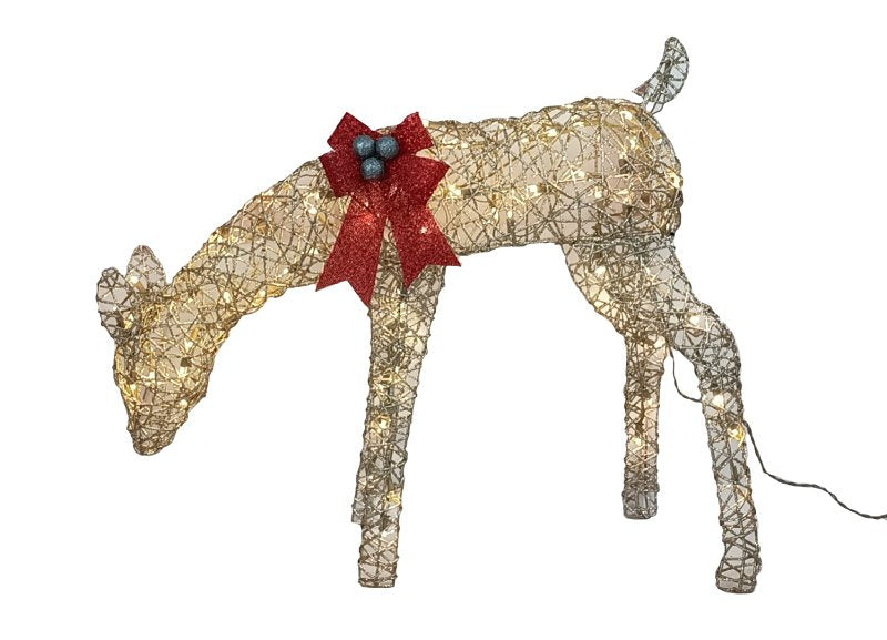 Santas Forest 36087 Rattan Reindeer Feeding Doe Yard Decor, 17 in L, 6 in W, Metal/PVC, Gold Glitter, Internal Light