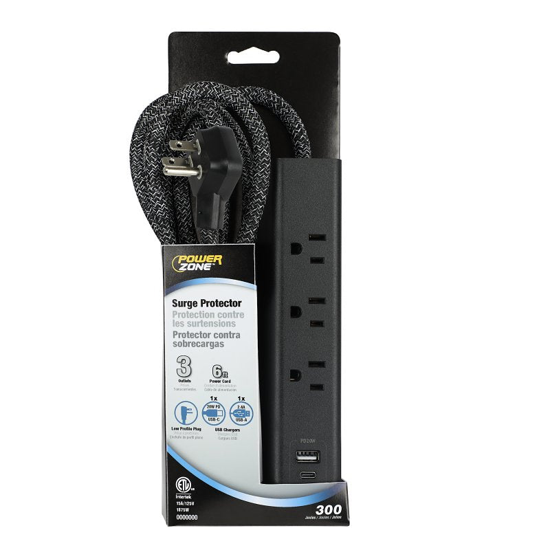 Powerzone ORPBSUFC414 Surge Strip, 6 ft L Cable, Black
