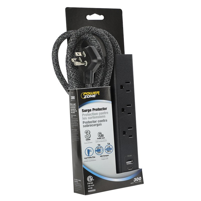Powerzone ORPBSUFC414 Surge Strip, 6 ft L Cable, Black