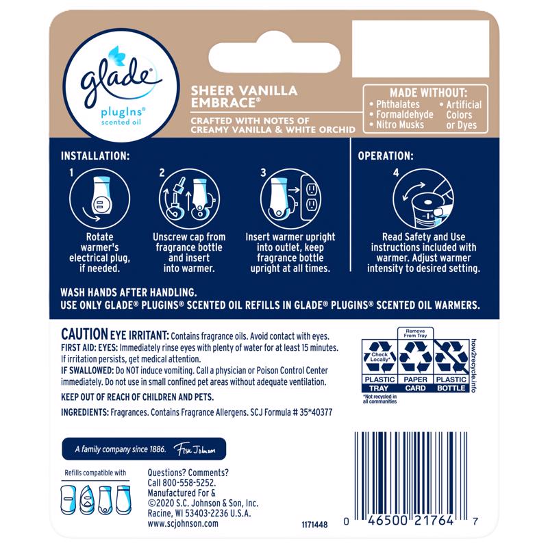 Glade Plug-Ins Sheer Vanilla Embrace Scent Air Freshener Refill 1.34 oz Liquid, Pack of 6