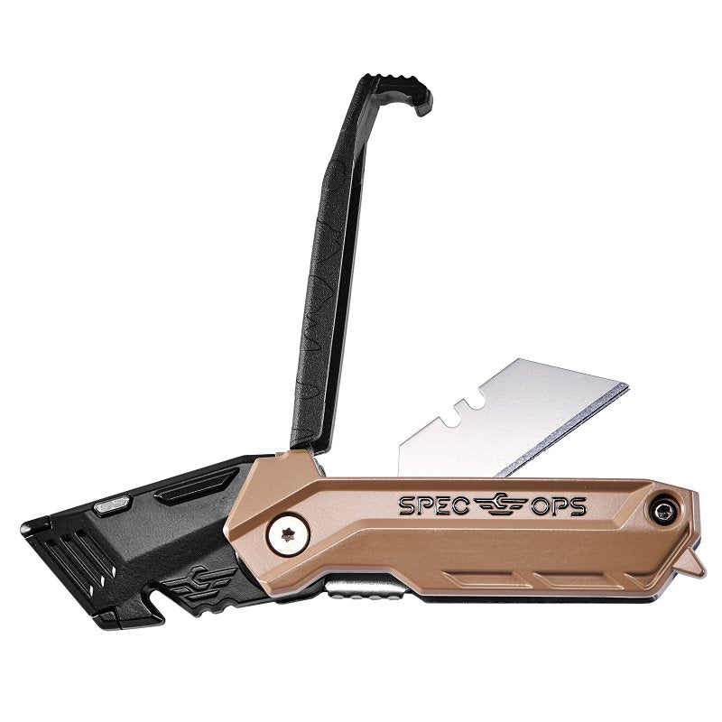 Spec Ops SPEC-K1-FF Folding Utility Knife, Steel Blade, 1-Blade, Pistol Grip Handle, Black/Flat Dark Earth Handle