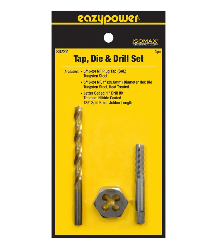 Eazypower 83722 Tap Die and Drill Set, 3-Piece, Tungsten Steel, Titanium Nitride-Coated