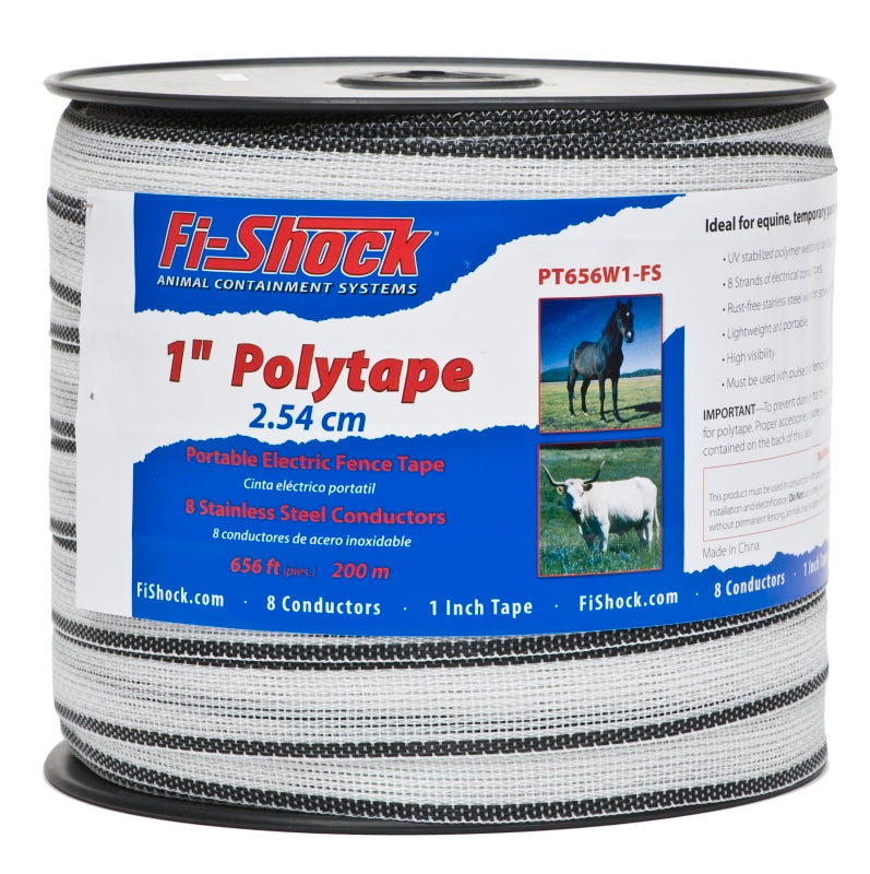 Fi-Shock PT656W1-FS Polytape, 656 ft L, 1 in W, 8-Strand, Stainless Steel Conductor, White