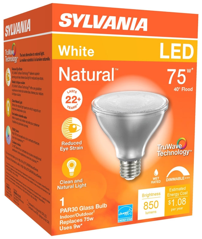 Sylvania Natural Series 40916 LED Bulb, PAR30 Lamp, E26 Medium Lamp Base, Dimmable, Clear, Cool White, 3000 K Color Temp