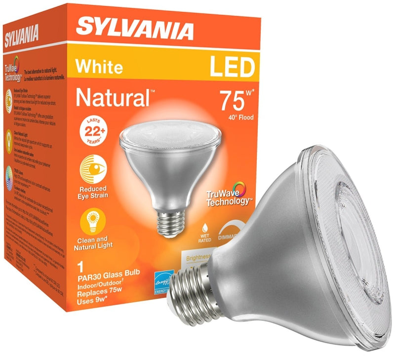 Sylvania Natural Series 40916 LED Bulb, PAR30 Lamp, E26 Medium Lamp Base, Dimmable, Clear, Cool White, 3000 K Color Temp