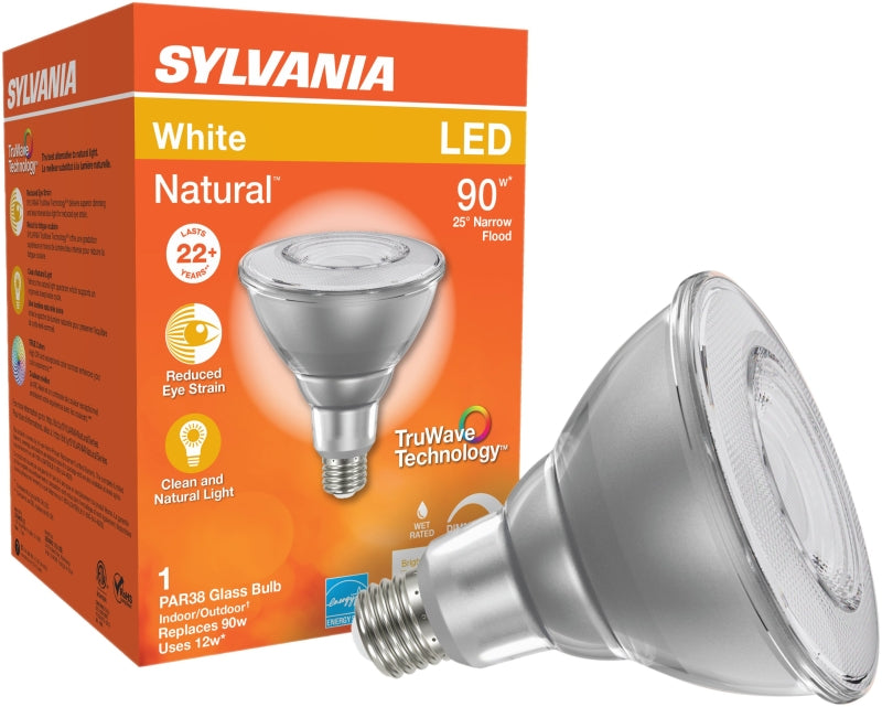 Sylvania Natural Series 40899 LED Bulb, PAR38 Lamp, E26 Medium Lamp Base, Dimmable, Clear, Cool White, 3000 K Color Temp