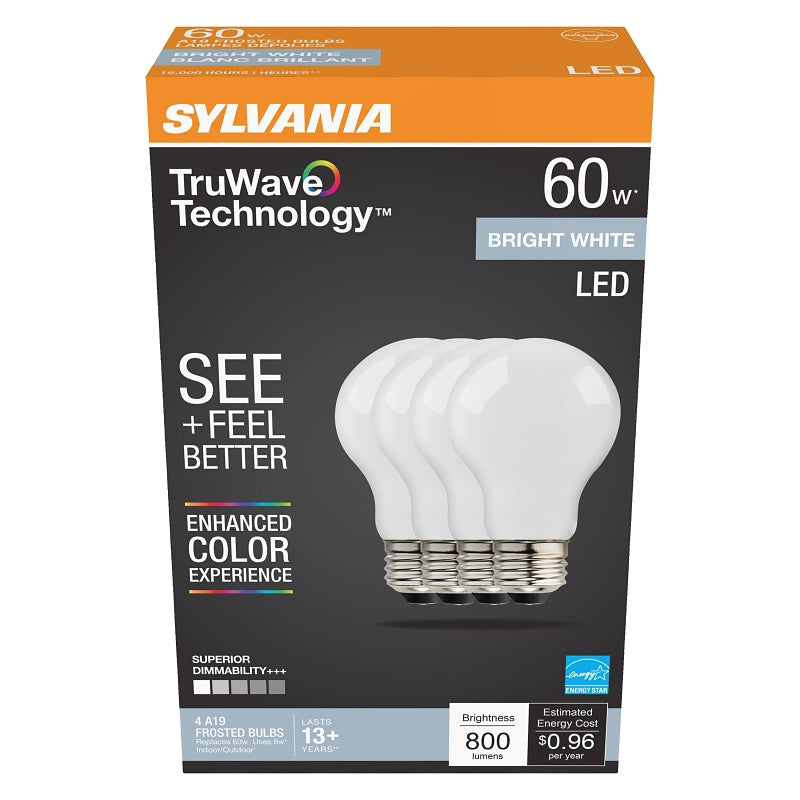 Sylvania 41295 LED Bulb, General-Purpose, Omni-Directional, A19 Lamp, 60 W Equivalent, E26 Medium Lamp Base, Dimmable