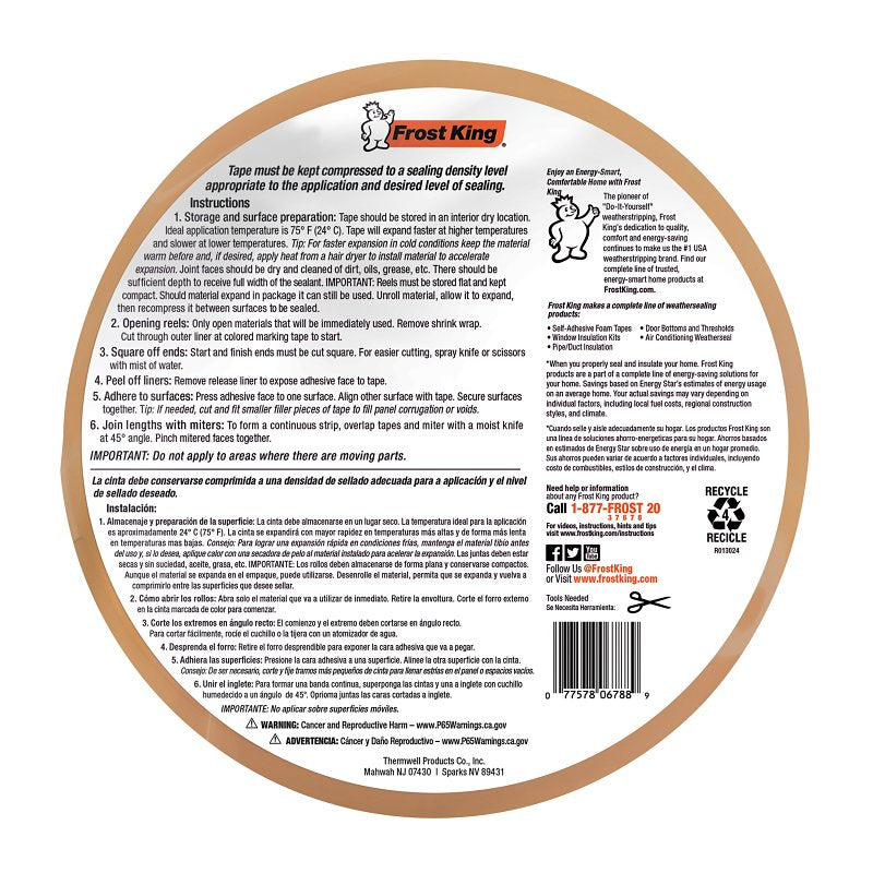 Frost King EF41-W Expandable Weatherseal, 1 in W, 13 ft L, 1 in Thick, Foam, White