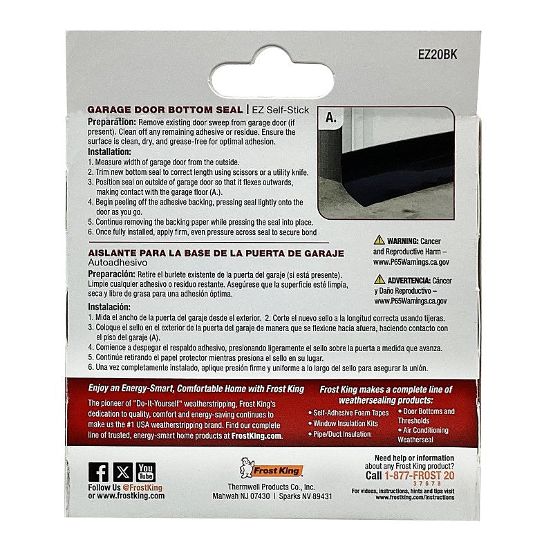 Frost King EZ20BK Self-Stick Garage Door Sweep, 20 ft L, 3-1/8 in W, Rubber Insert