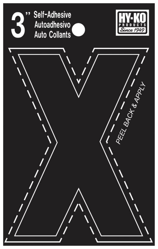 Hy-Ko 30400 Series 30434 Self-Stick Die-Cut Letter, Character: X, 3 in H Character, Black Character, Vinyl, Pack of 10