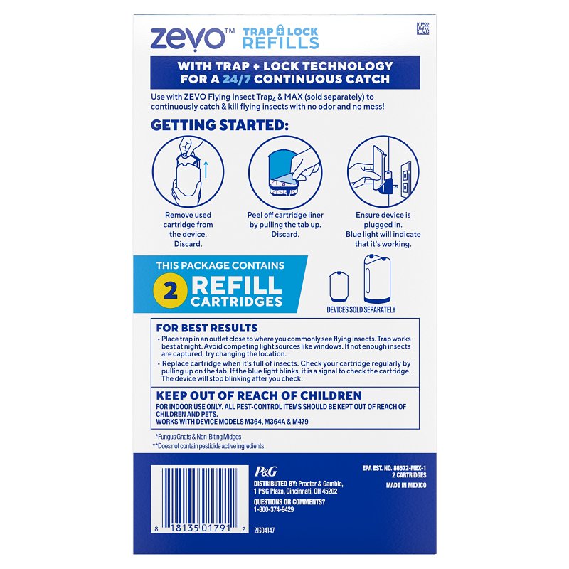 Zevo 818135017615 Flying Insect Trap Refill Cartridge, Odorless, 7 in L Trap, 4 in W Trap
