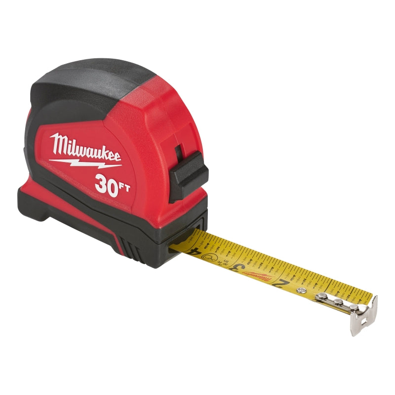Milwaukee 48-22-1730 Compact Tape Measure, 30 ft L Blade, 1 in W Blade, Steel Blade, ABS Case, Black/Red Case