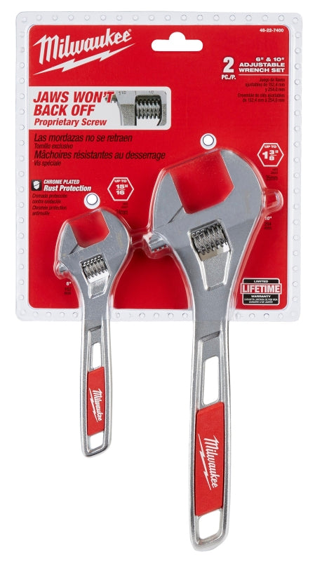 Milwaukee 48-22-7400 Adjustable Wrench Set, 1-3/8, 15/16 in Jaw, Steel, Chrome-Plated, Ergonomic Handle