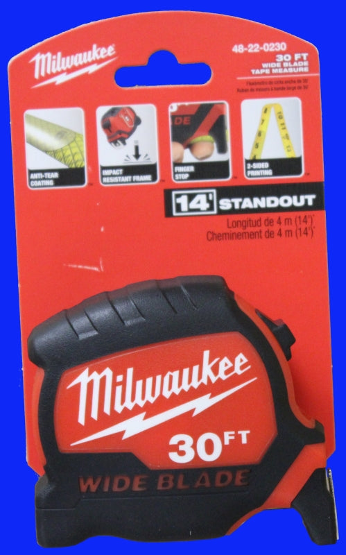 Milwaukee 48-22-0230 Tape Measure, 30 ft L Blade, 1-19/64 in W Blade, Steel Blade, ABS Case, Black/Red Case