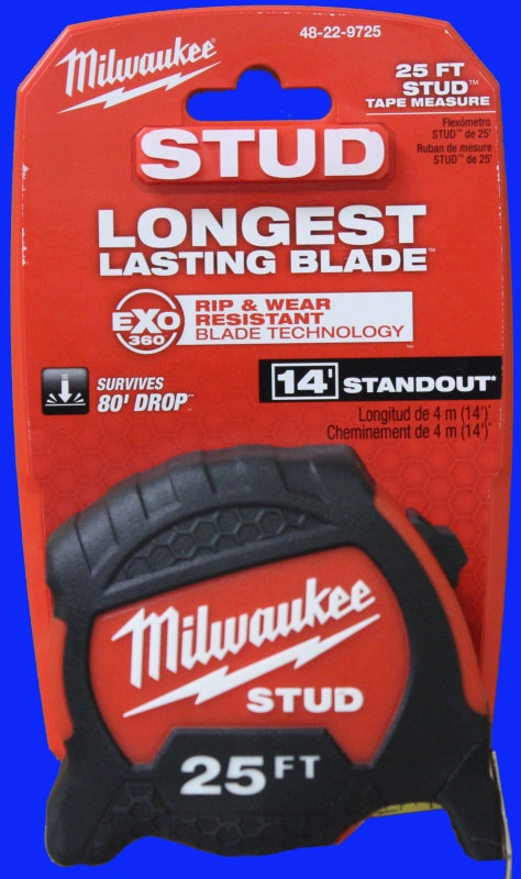 Milwaukee STUD Series 48-22-9725 Tape Measure, 25 ft L Blade, 1-5/16 in W Blade, Steel Blade, ABS Case, Black/Red Case
