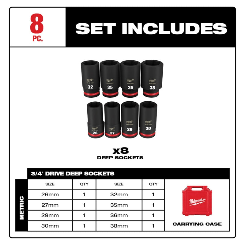 Milwaukee SHOCKWAVE Impact Duty Series 49-66-7020 Deep Metric Socket Set, Molybdenum Steel, Chrome/Phosphate, Black