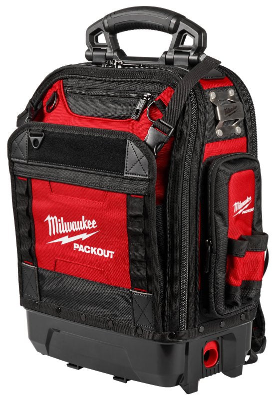 Milwaukee PACKOUT 48-22-8303 Structured Backpack, 18 in W, 9-1/2 in D, 20 in H, 42-Pocket, Polyester, Black/Red