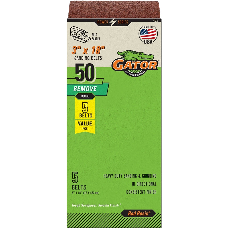 Gator 7034 Sanding Belt, 3 in W, 18 in L, Aluminum Oxide Abrasive, 50 Grit, Coarse