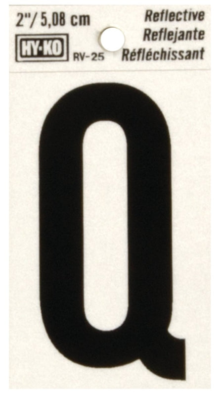 Hy-Ko RV-25/Q Reflective Letter, 1-1/2 in W x 3 in H Dimensions, Character: Q, 2 in H Character, Black Character, Vinyl, Pack of 10