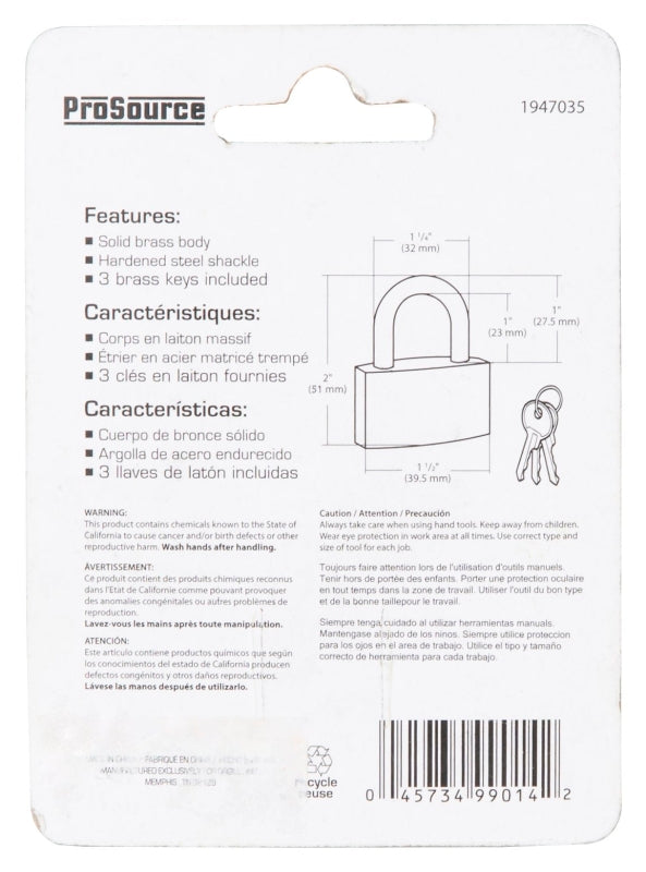 ProSource TGE-BP403L Padlock, Standard Shackle, 3/16 in Dia Shackle, 1 in H Shackle, Steel Shackle, Brass Body