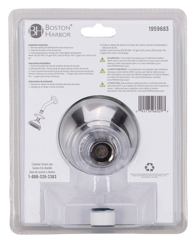 Boston Harbor S1254H00CP Shower Head, 1.75 gpm, 1/2-14 NPT Connection, Threaded, 5-Spray Function, ABS, Chrome