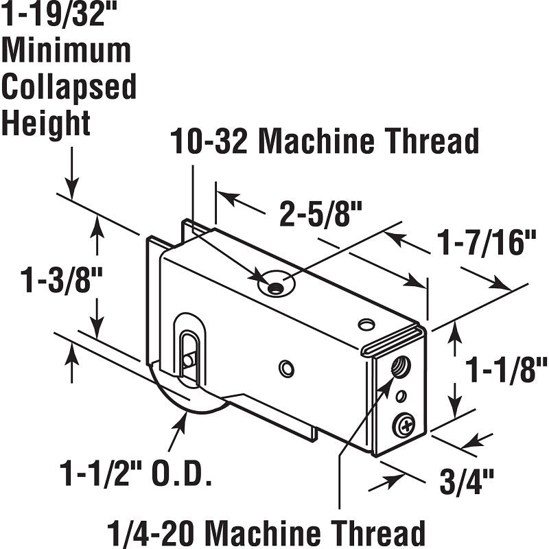 Prime-Line D 1831 Roller Assembly, 2-5/8 in L x 3/4 in W x 1-1/8 in H Dimensions, 1-1/2 in Dia Roller, 5/16 in W Roller