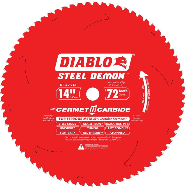 Diablo D1472CF Circular Saw Blade, 14 in Dia, 1 in Arbor, 72-Teeth, Cermet Cutting Edge
