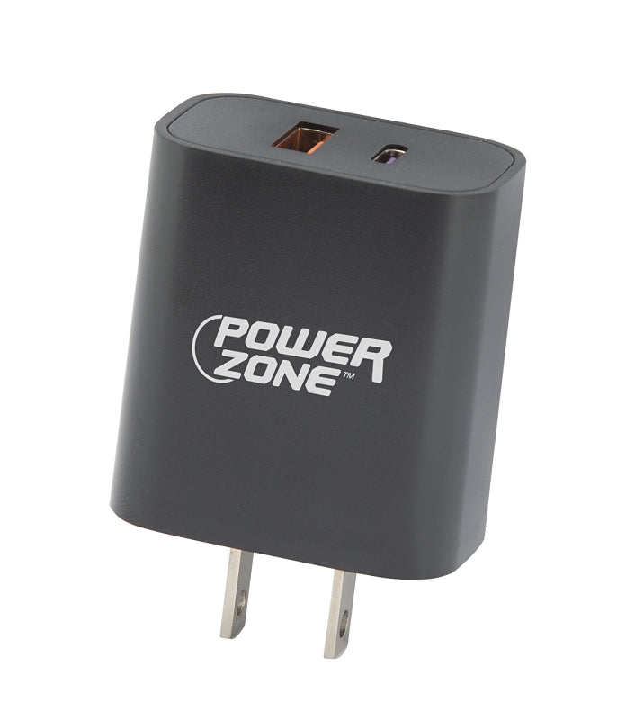 PowerZone CA-43AT Dual USB Wall Charger, 100 to 240 V Input, 5/9/12 V Type C, 3.6 to 6.5/6.5 to 9/9 to 12 V USB-A Output